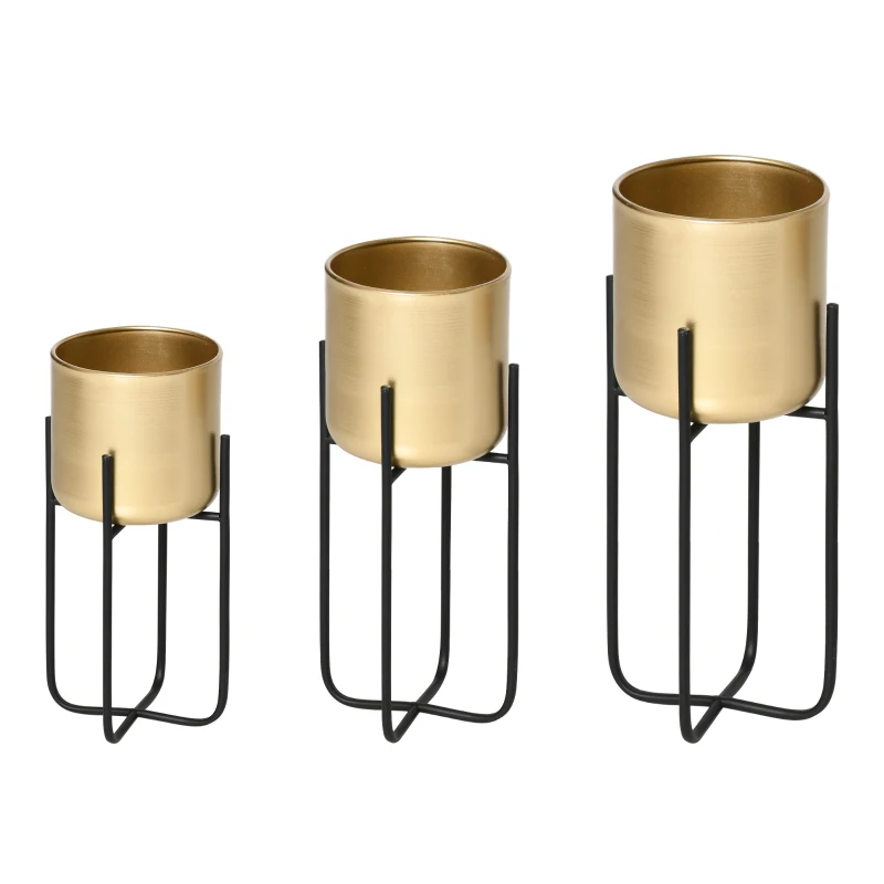 Outsunny Fioriera Set di 3 Pezzi con Supporto di Metallo per Arredamento Interni ed Esterni Oro