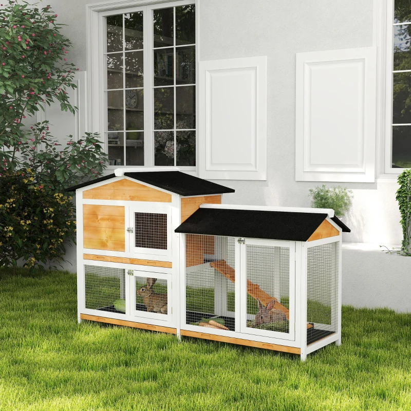 PawHut 2 Tier Rabbit Hutch with No-leak Plastic Trays Wooden Guinea Pig Hutch with Run, Yellow
