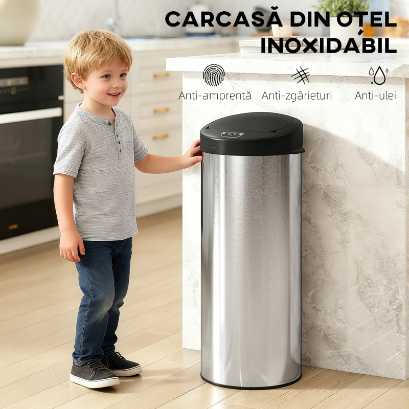 HOMCOM Coș de Gunoi de 55L cu Senzor pentru Deschidere Automată și Închidere Silențioasă, 32x30x72.5 cm, Argintiu