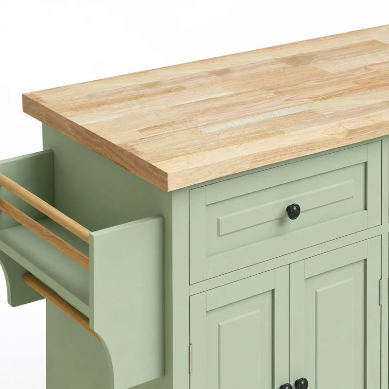 HOMCOM Rolling Kitchen Island Storage Trolley with Rubber Wood Top & Drawers for Dining Room, Light Green