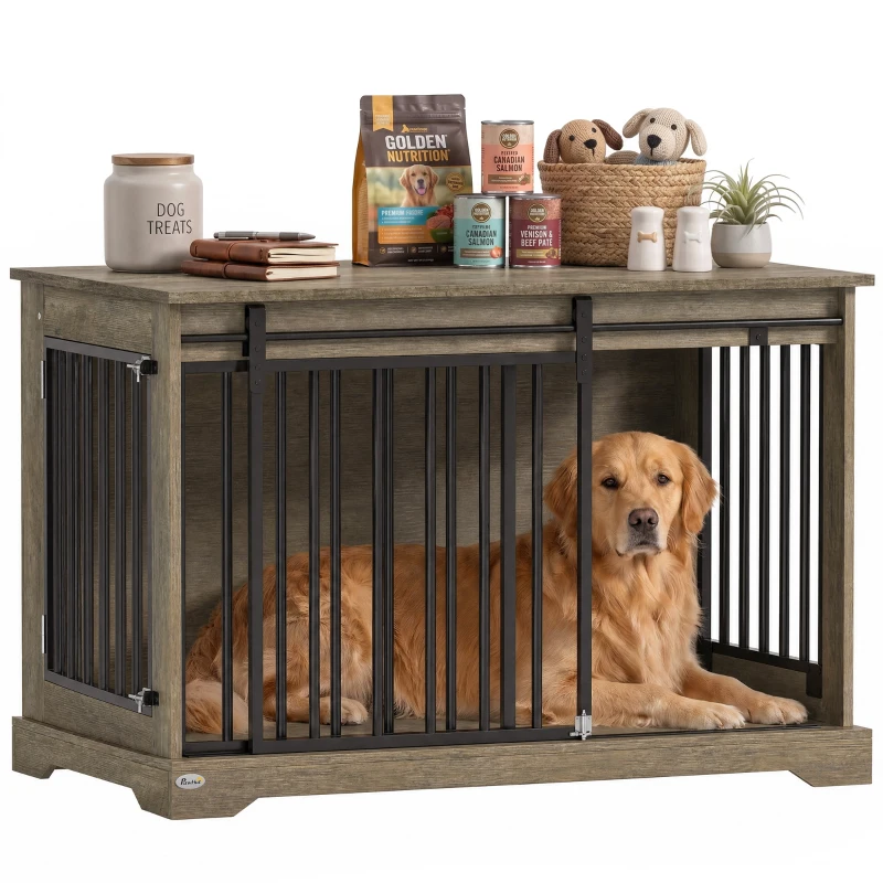 PawHut Cage pour Chien en Bois et Acier avec Porte Coulissante, Table d'Appoint, Niche Moderne, 100x60x68cm, Gris-Marron Clair