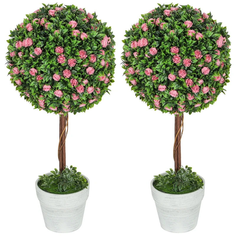 HOMCOM Set of 2 Decorative Artificial Plants, Ball Topiary Tree with Rose Flower in Pot, Fake Plants for Home Indoor Outdoor Decor, 60cm, Pink