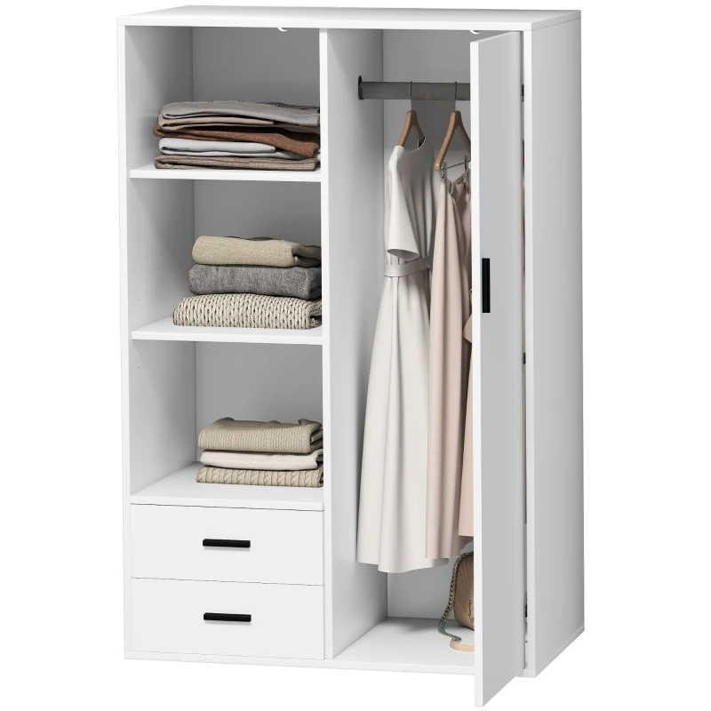 HOMCOM Armadio Moderno con 2 Cassetti, Ripiani Aperti e Vano Appendiabiti, 80x50x124 cm, Bianco