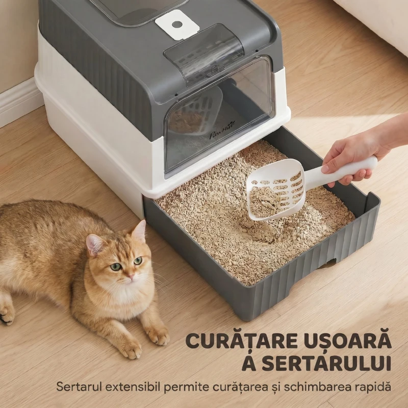 PawHut Litieră pentru Pisici cu Capac, Sertar Glisant, Intrare Frontală, Ieșire Superioară, 48x35x36 cm, Gri