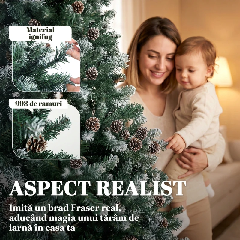 HOMCOM Brad Crăciun Artificial 210cm, 998 Ramuri Ninse Conuri Pin, Deschidere Automată, Bază Pliabilă, Verde