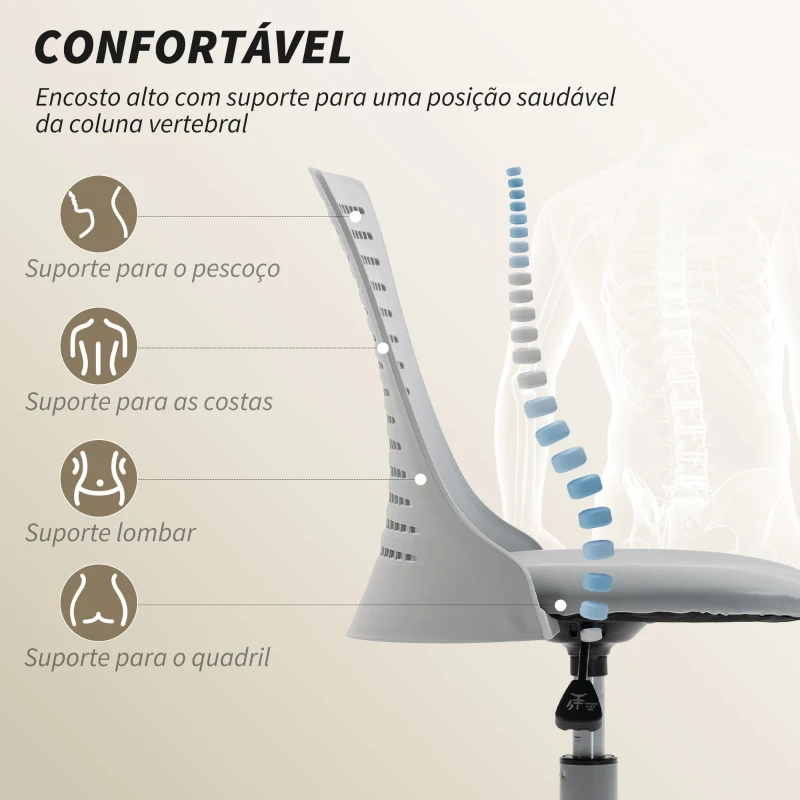 HOMCOM Cadeira de Escritório sem Braços Cadeira de Secretária Giratória em Malha com Encosto Vazado Ajustável 43x42x74-86 cm Cinza