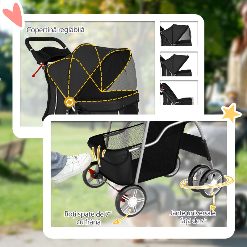 PawHut Cărucior Pliabil pentru Câini, cu Coș și Suport pentru Pahare, Greutate Max. 10 kg, 77x44x102 cm, Negru
