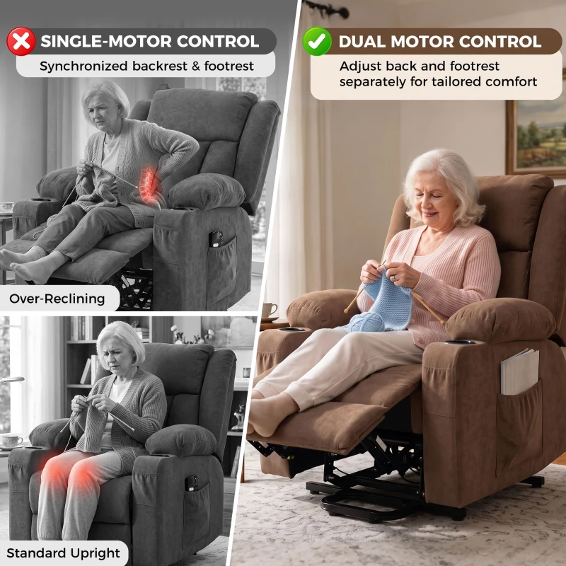 HOMCOM Dual Motor Recliner Chair, 55° Electric Lift Chair for Elderly, Recliner Armchair with Massage and Heat, Brown