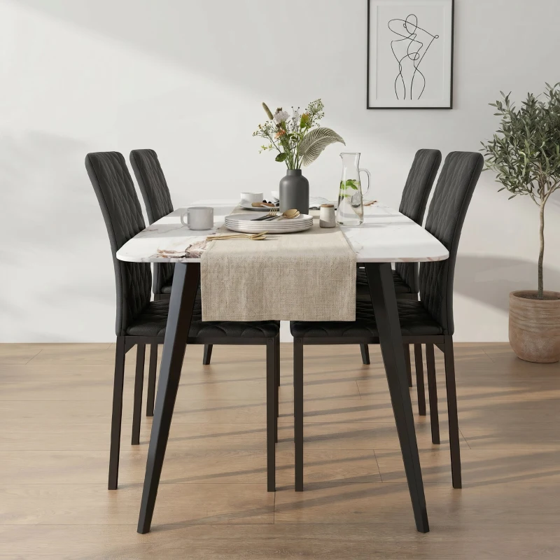 HOMCOM Set de 4 scaune pentru dining din piele sintetică cu cusături romboidale și picioare din metal, negru(m-8)