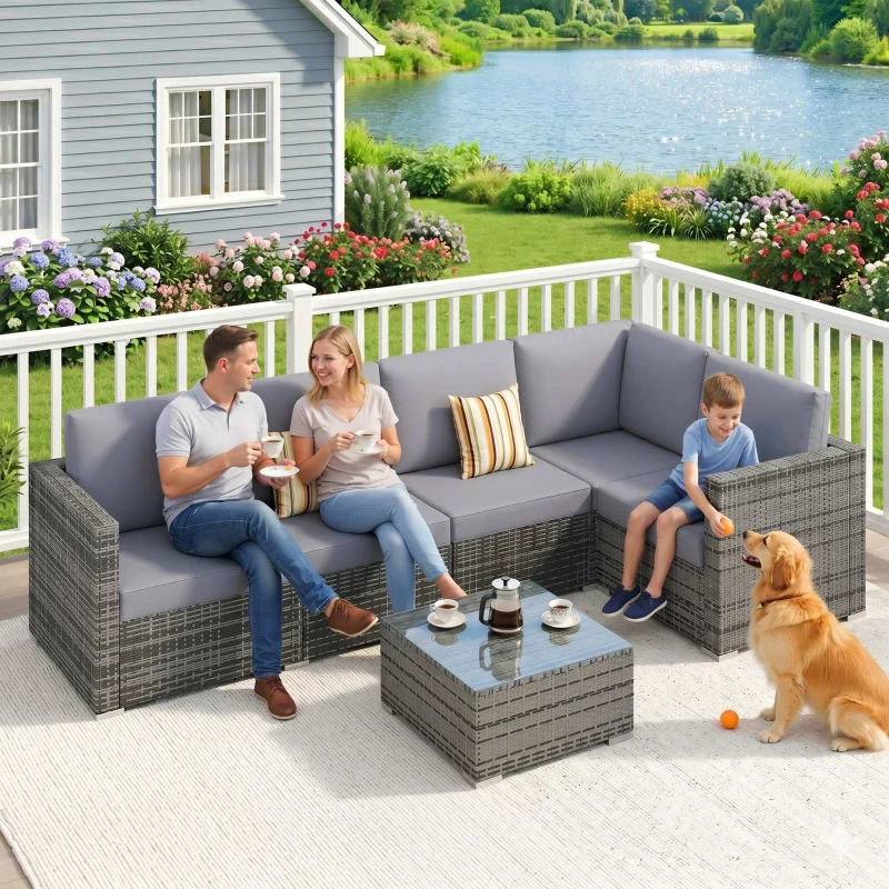 Outsunny Luxury 5 Seater Rattan Garden Furniture Set, 4 Pieces Outdoor Patio Conversation Set with Wide Seats, 220gsm Polyester Cushions, Tempered Glass Table, Corner Sofa, Loveseat, Grey