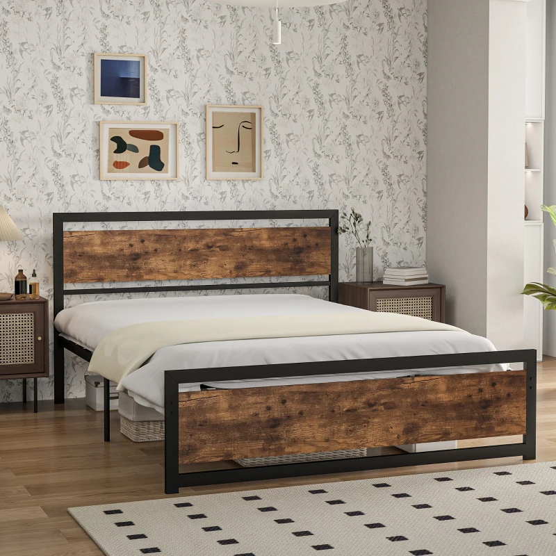 HOMCOM Cadru Pat Matrimonial din Lemn si Otel cu Sipci in Stil Industrial 160x200cm