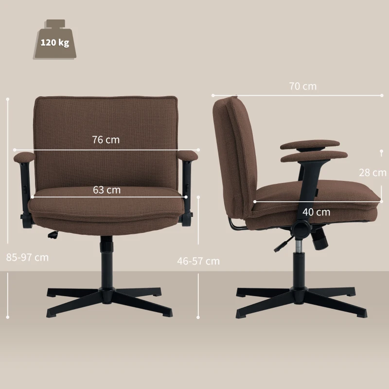 HOMCOM Silla de Oficina Piernas Cruzadas con Reposabrazos Abatible Asiento Ancho sin Ruedas Altura Ajustable Giratoria Marrón