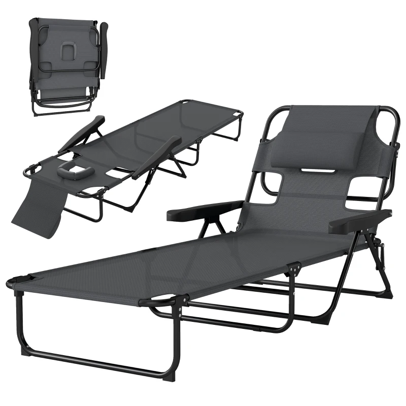 Outsunny Espreguiçadeira Dobrável Encosto Ajustável Orifício de Leitura Almofada de Apoio e Braços Carga 120 kg 145x72x89 cm Cinzento Escuro