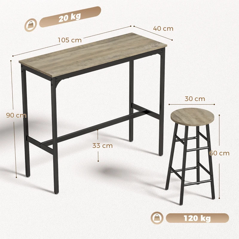 HOMCOM 5 Piece Bar Table Set with 4 Stools, Industrial Bar Table and Stool Set, Dining Table and Chair Set, Grey