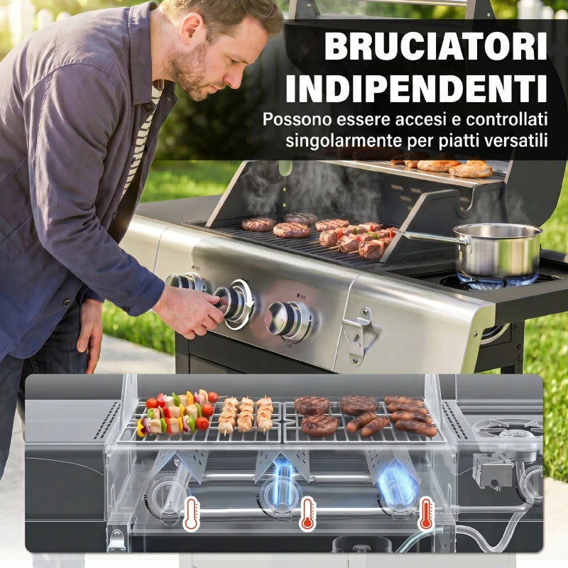 Outsunny Barbecue a Gas con 3 Fuochi e Bruciatore Laterale, 109x50x109 cm, Nero