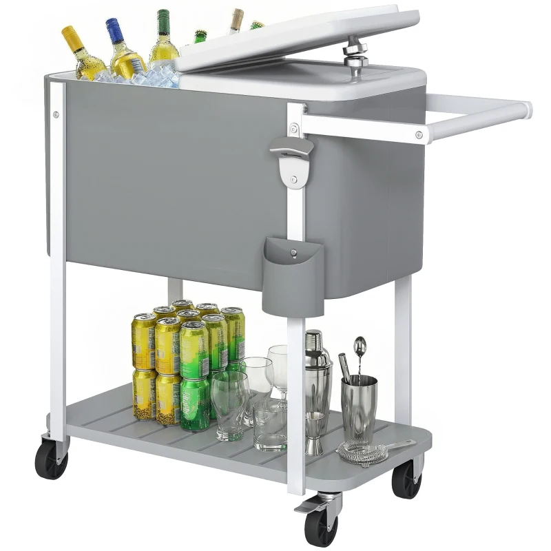 Outsunny Carrito Nevera de 56L con Ruedas Estante Abrebotellas Recogetapas Drenaje y Asa para Patio Fiesta 84x38x83 cm Gris