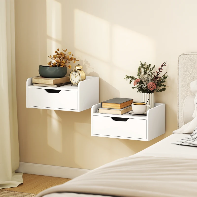 HOMCOM Lot de 2 tables de chevet murales tables de nuit suspendues tiroir plateau aspect bois dim. 40L x 30l x 19,5H cm