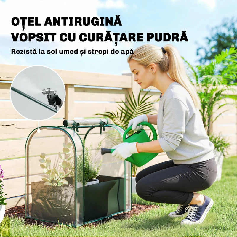 Outsunny Mini Sera de Grădină cu Sac de Plantare, Sera pentru Grădină cu Ușă Rulantă, Structură din Oțel, Acoperire din Plastic, pentru Legume, Flori, Plante, Verde Închis