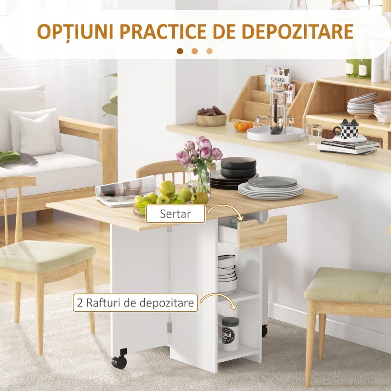HOMCOM Masă de Dining Pliabilă, Sertar și Rafturi, Stejar