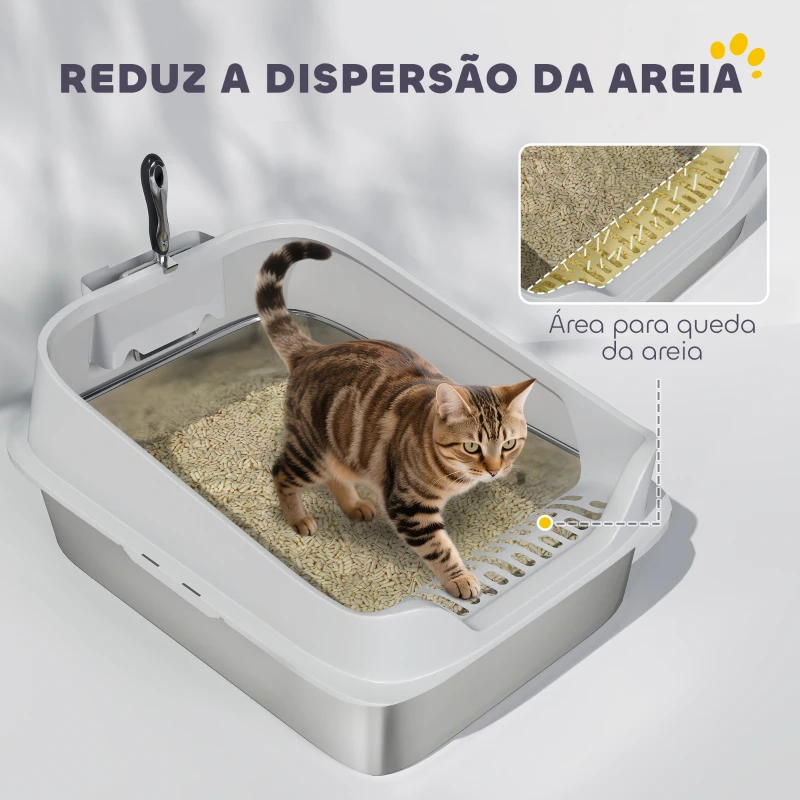 PawHut Caixa de Areia XL para Gatos em Aço Inoxidável com Bordas Altas Pá Fácil de Limpar Antifugas 60,2x40,2x29,7 cm Cinzento