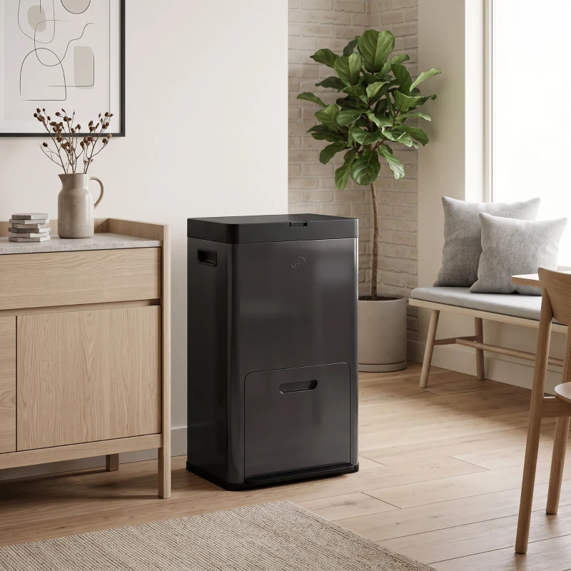 HOMCOM Coș rectangular cu pedală, coș bucătărie 56 L, 3 compartimente, închidere silențioasă, oțel inox, 45,7x35,8x76cm negru