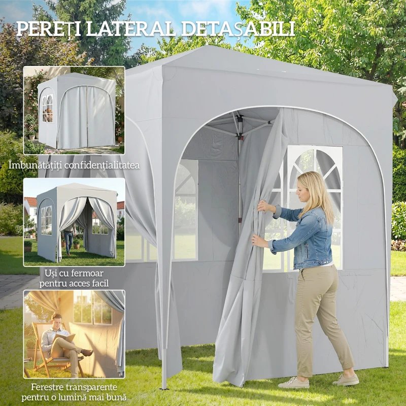 Outsunny Pavilion pliabil 2x2 m, reglabil, cu 4 pereți laterali, din metal și țesătură Oxford gri deschis