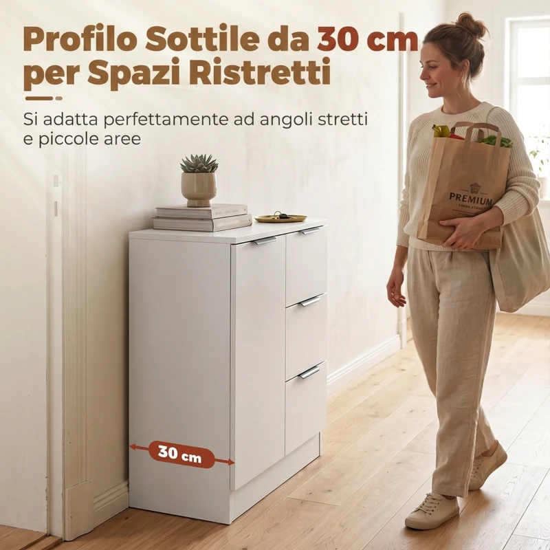 HOMCOM Credenza Moderna con 3 Cassetti e Anta Soft-Close, 60x30x70 cm, Bianco