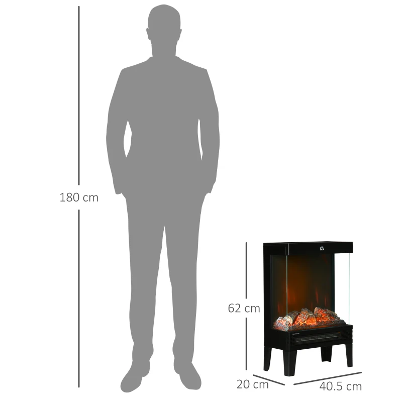 HOMCOM 180° Charming Electric Fireplace Heater, Quiet Freestanding Stove with LED Flame Effect, 3-Sided Tempered Glass Panels, Level-less Temperature Control, Overheat Protection, 1000W/2000W, Black