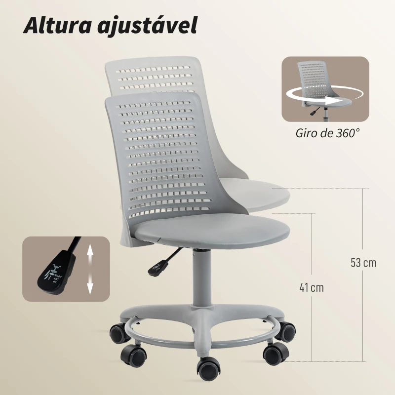 HOMCOM Cadeira de Escritório sem Braços Cadeira de Secretária Giratória em Malha com Encosto Vazado Ajustável 43x42x74-86 cm Cinza