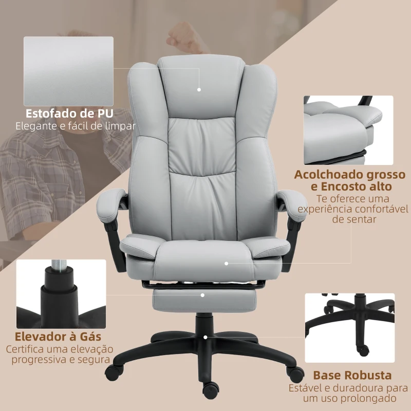 Vinsetto Cadeira de Escritório com Altura Ajustável 6 Pontos de Massagem e Apoio para os Pés Retrátil 68,5x68,5x113-121 cm Cinza