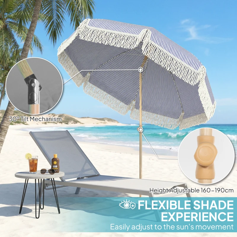 Outsunny 1.7 m Beach Umbrella with Sand Anchor, 30° Tilting Fringed Beach Garden Parasol with Adjustable Height, Blue