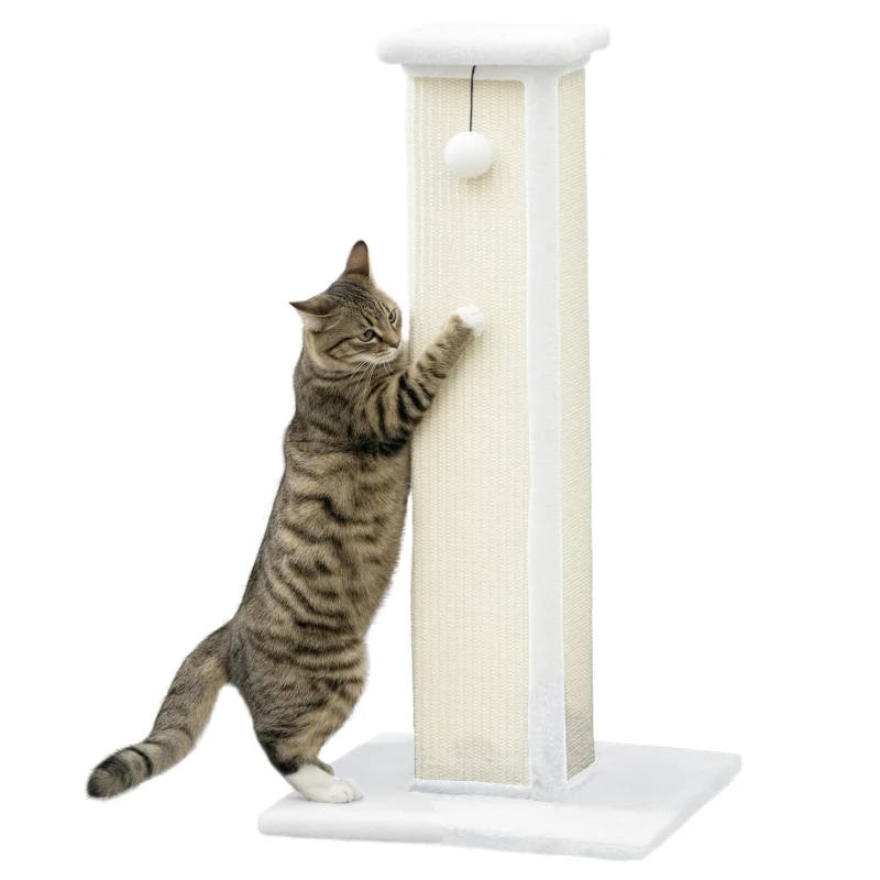 PawHut Griffoir pour chat poteau griffoir chat en sisal et peluche, boule suspendue base stable 41 x 41 x 81 cm blanc et crème