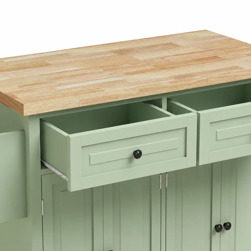 HOMCOM Rolling Kitchen Island Storage Trolley with Rubber Wood Top & Drawers for Dining Room, Light Green
