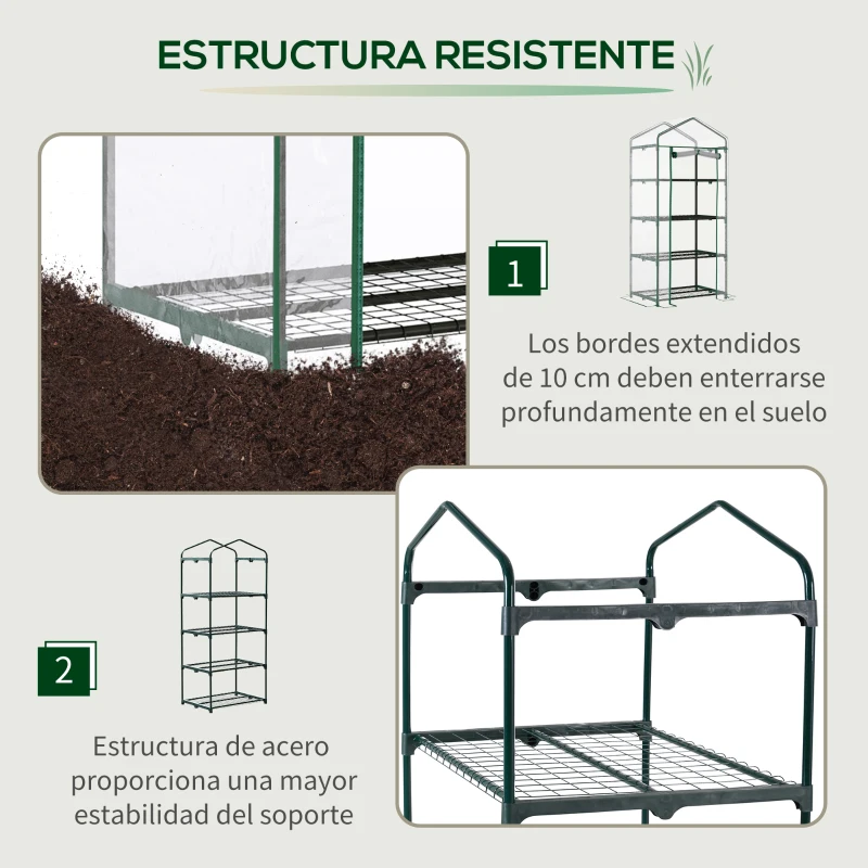 Outsunny Invernadero de Exterior con 4 Estantes, Invernadero Pequeño con Puerta Enrollable, Marco de Acero y Cubierta de Plástico, Anti-UV para Plantas, Macetas, Flores, 70x50x160 cm, Transparente