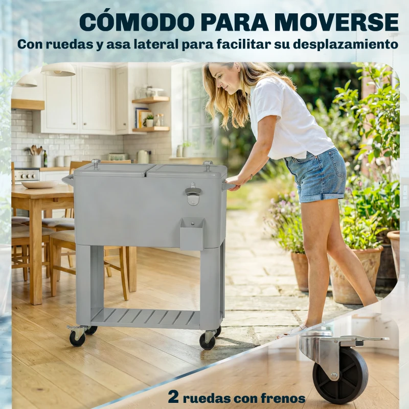 Outsunny Carrito Nevera de 76L con Ruedas Estante Abrebotellas Recogetapas Drenaje y 2 Asas para Patio Fiesta 92x39x81 cm Plata