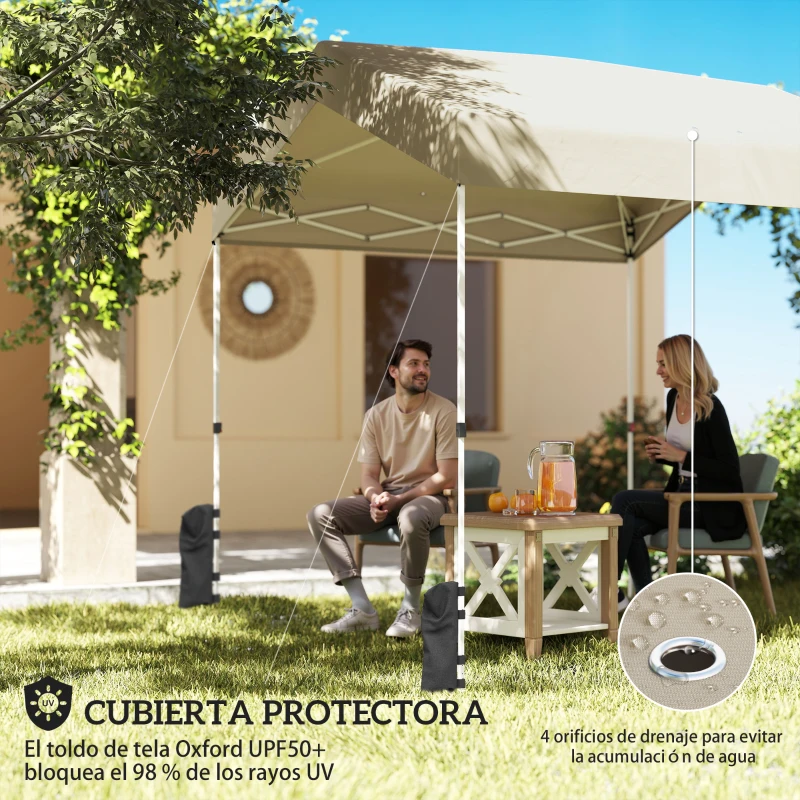 Outsunny Carpa Plegable 2,4x2,4 m Pop-up UPF50+ Bloqueo Central Altura Ajustable Bolsa de Transporte Sacos Arena Beige
