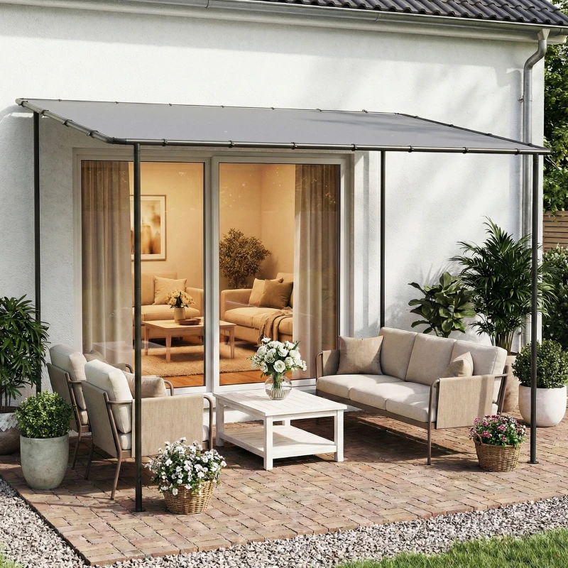 Outsunny 3 x 2 m Lean to Garden Pergola, Metal Frame Gazebo Pergola with UPF30+ Protection, Sloped Roof, Drainage Holes, Grey