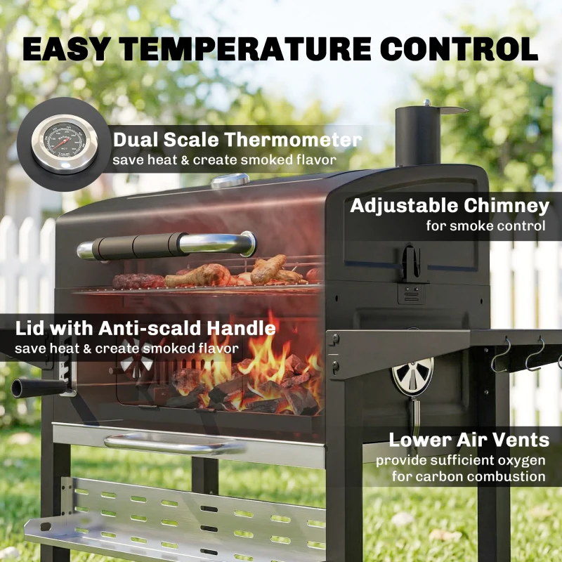Outsunny Charcoal BBQ Grill Smoker with Electric Rotisserie Kit, Portable Barbecue Grill with Warming Rack, Black