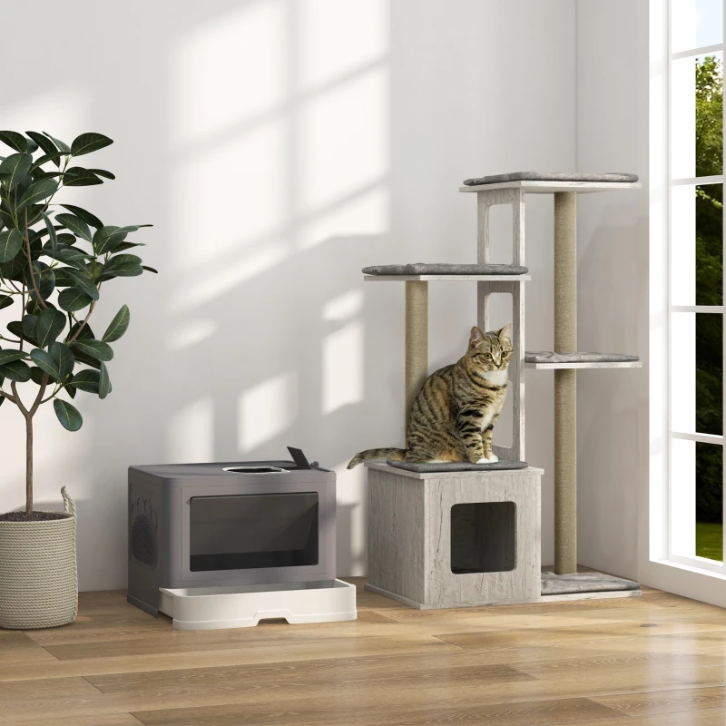 PawHut Conjunto para Gatos com Arranhador para Gatos 114 cm com Múltiplas Plataformas e Caixa de Areia Coberta Cinza