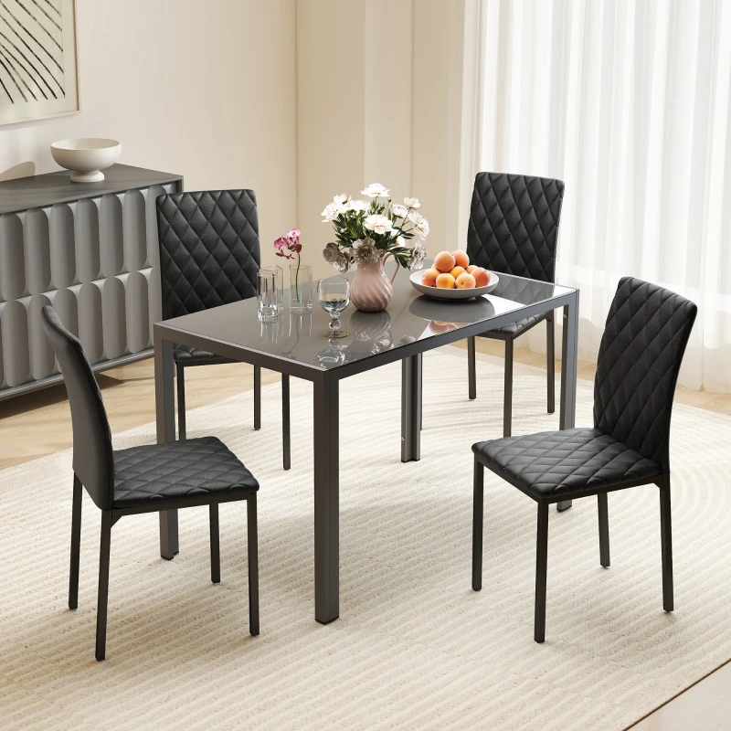 HOMCOM Set de 4 scaune pentru dining din piele sintetică cu cusături romboidale și picioare din metal, negru(m-10)
