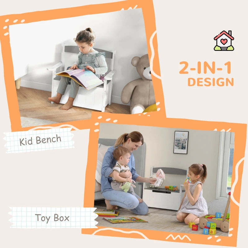 2-in-1 Toy Box for Kids with Lid for Bedroom, Nursery, Playroom, Grey