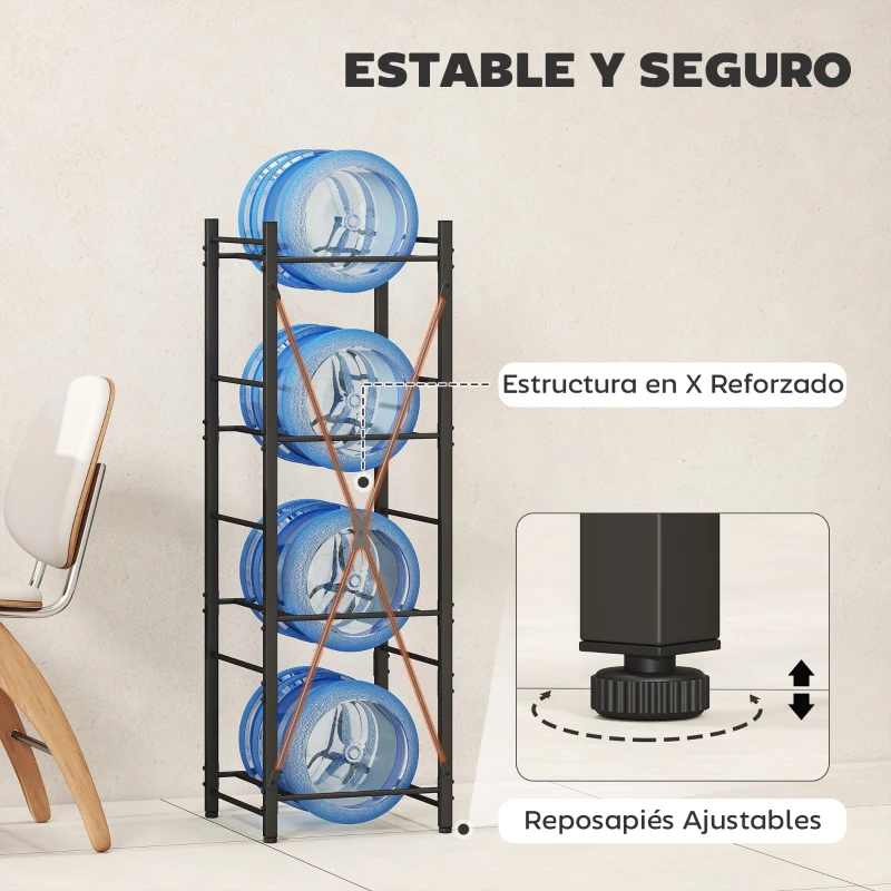 HOMCOM Soporte para Garrafones de Agua de 4 Niveles Estante de Almacenamiento para Botella de Agua para Cocina Comedor Negro