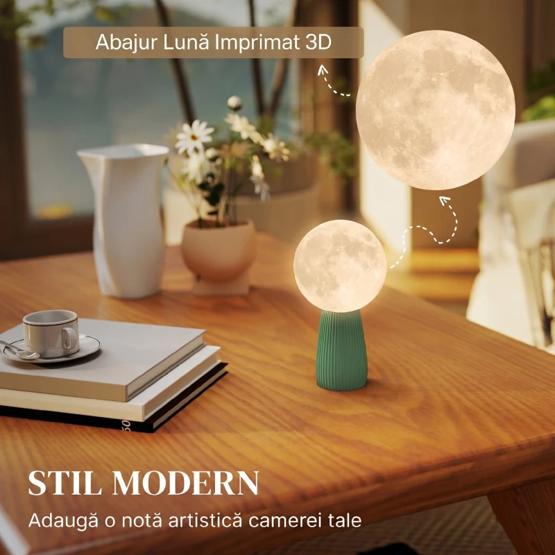 HOMCOM Lampă de Masă în Formă de Lună cu 3 Culori și 10 Niveluri de Luminozitate, din ABS, Ø15x28 cm, Alb și Verde Închis