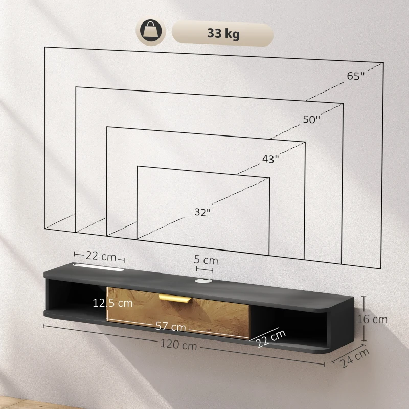 HOMCOM 120 cm Floating TV Stand with Storage - Charcoal Grey