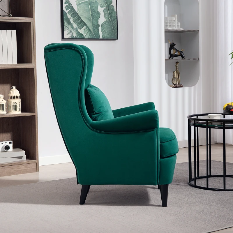 HOMCOM Modern Accent Chair with High Backrest and Pillow, Velvet-Feel Fabric Reading Chair with Solid Wood Legs, Green