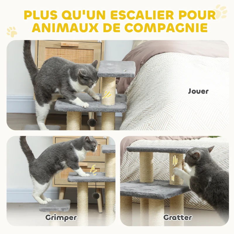 PawHut Escalier pour animaux domestiques réglable 3 marches échelle pour chat chien griffoirs en sisal balle 52x34,5x54cm gris