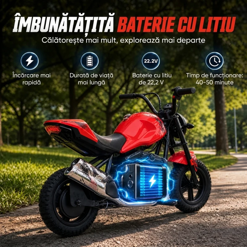 AIYAPLAY Motocicletă electrică de cross pentru copii, stil Harley, 24V, 6-12 ani, anvelope din cauciuc 30 cm, roșie