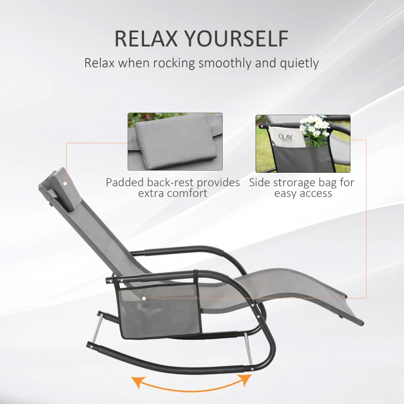 Outsunny 2PCs Outdoor Garden Rocking Chair, Patio Sun Lounger Rocker Chair with Breathable Mesh Fabric, Removable Headrest Pillow, Armrest, Side Storage Bag, Grey