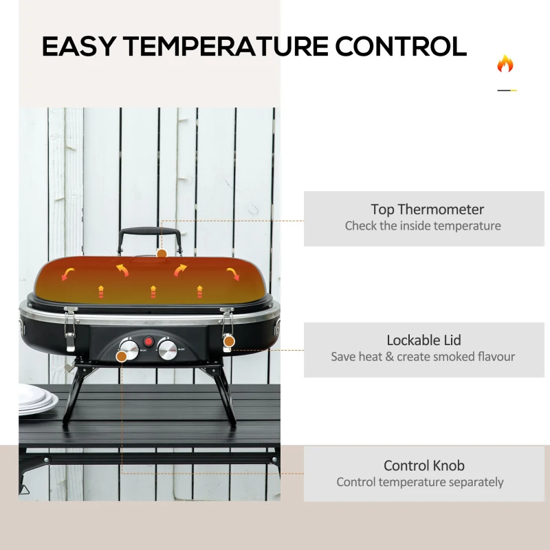 Outsunny Foldable Gas BBQ Grill, 2-Burner Table Top Barbecue with Lid, Piezo Ignition, Thermometer for Camping, Picnic Cooking - Aluminium Alloy