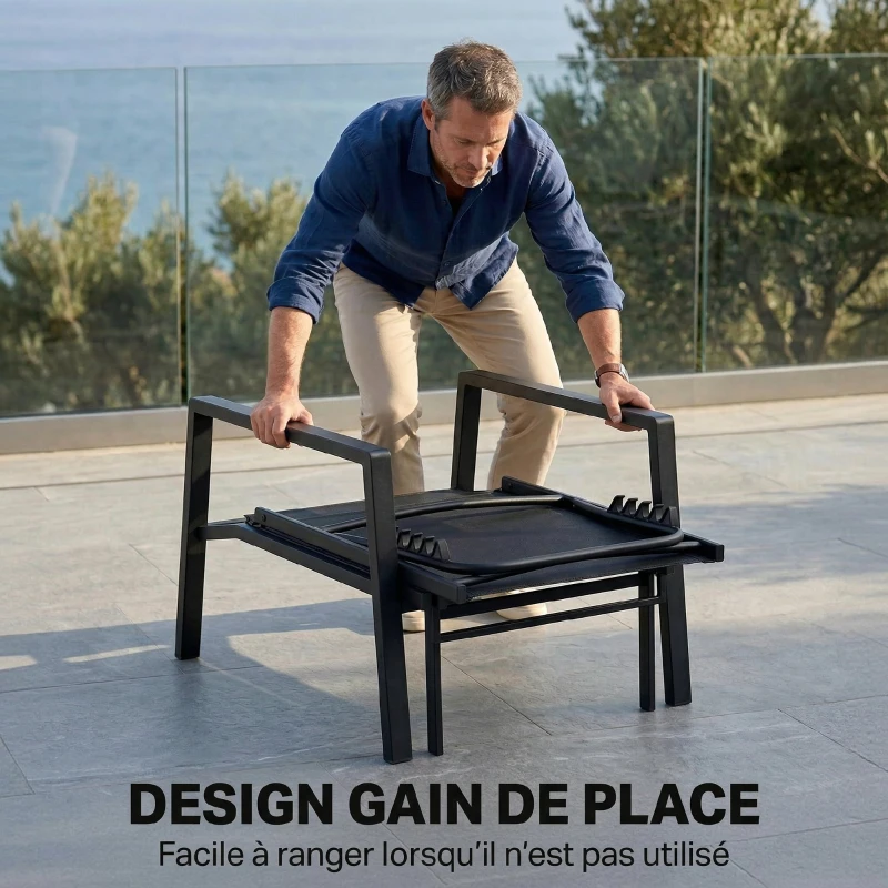 Outsunny Chaise Longue Jardin Réglable à 5 Positions avec Repose-Pieds Rétractable et Accoudoirs, Acier, 63x185x55cm, Noir